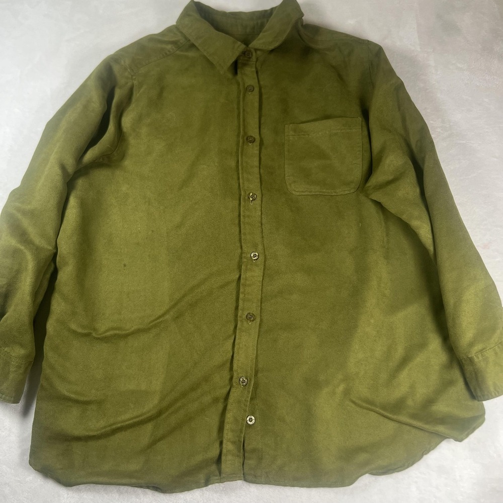 Woman Within Shirt Womens 1X 22/24 Green Faux Suede Button Front Plus Size